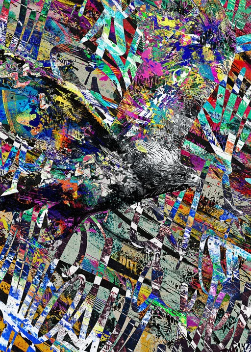 Urban Flight: Schwarz-weißer Adler mit ausgebreiteten Flügeln vor buntem Graffiti im Hochformat