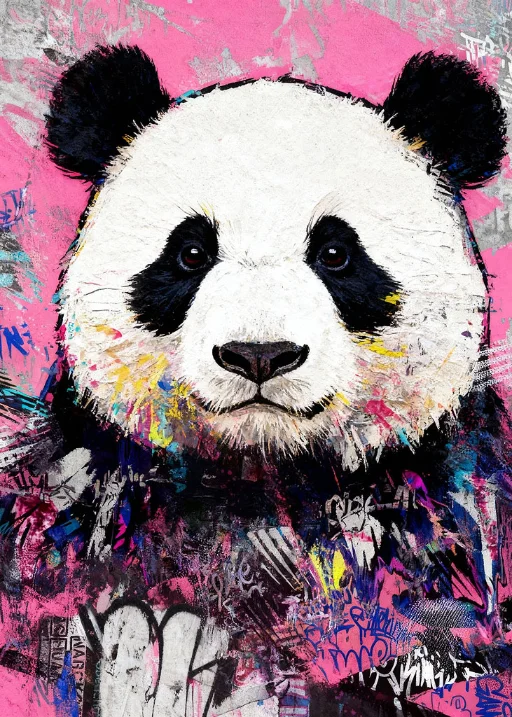 Calm in Chaos: frontales Panda-Porträt mit pinkem Hintergrund, Graffiti-Schriftzügen und bunten Farbakzenten