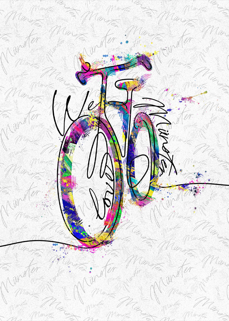 Münster Wandbild Fahrrad We love MS: buntes Fahrrad mit schwarzen Konturen und Farbspritzern vor hellen Münster-Schriftzügen