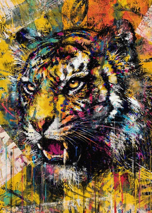 Urban Roar: Tiger mit geöffnetem Maul in Gelb, Orange, Türkis und Pink vor einem wilden Graffiti-Hintergrund