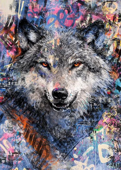 Urban Alpha: Grauer Wolf mit orangefarbenen Augen vor bunten Graffiti-Schichten im Hochformat