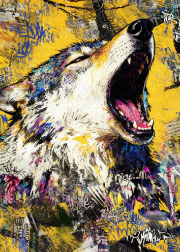 Ausdrucksstarkes Urban-Art-Wolfmotiv im Graffiti Stil – wild, roh und voller Energie.