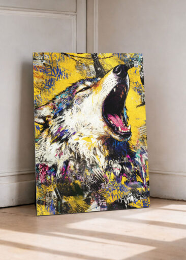 Ausdrucksstarkes Urban-Art-Wolfmotiv im Graffiti Stil – wild, roh und voller Energie.