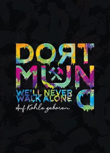 Farbenfrohe Dortmund Typografie im Urban-Art- und Graffiti Stil auf schwarzem Hintergrund.