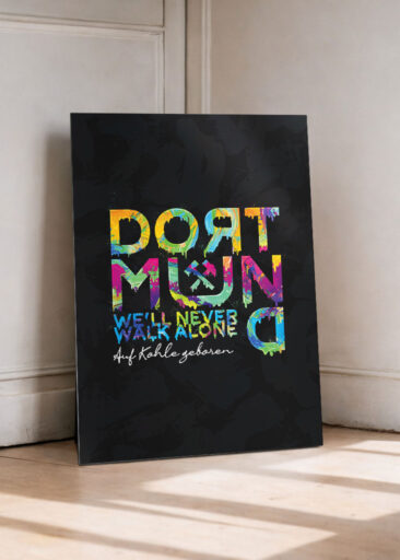 Farbenfrohe Dortmund Typografie im Urban-Art- und Graffiti Stil auf schwarzem Hintergrund.