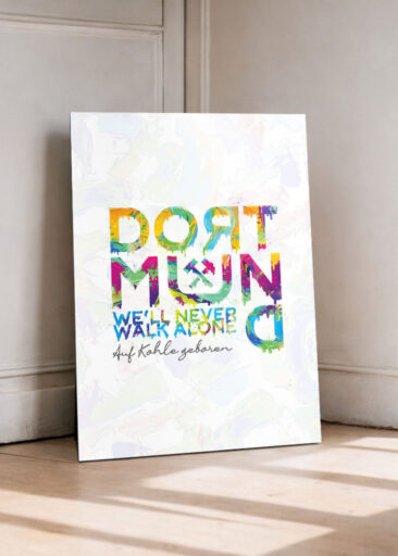 Farbenfrohe Dortmund Typografie im Urban-Art- und Graffiti Stil auf hellem Hintergrund.