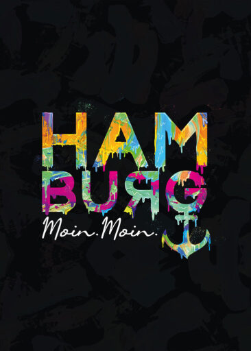 Farbenfrohe Hamburg Typografie im Urban-Art- und Graffiti Stil auf schwarzem Hintergrund mit „Moin Moin“.