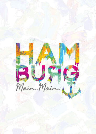 Farbenfrohe Hamburg Typografie im Urban-Art- und Graffiti Stil auf hellem Hintergrund mit „Moin Moin“.