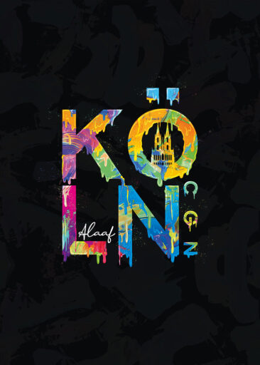 Farbenfrohe Köln Typografie im Urban-Art- und Graffiti Stil auf schwarzem Hintergrund mit „Alaaf“.