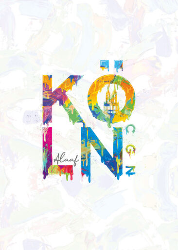 Farbenfrohe Köln Typografie im Urban-Art- und Graffiti Stil auf hellem Hintergrund mit „Alaaf“.