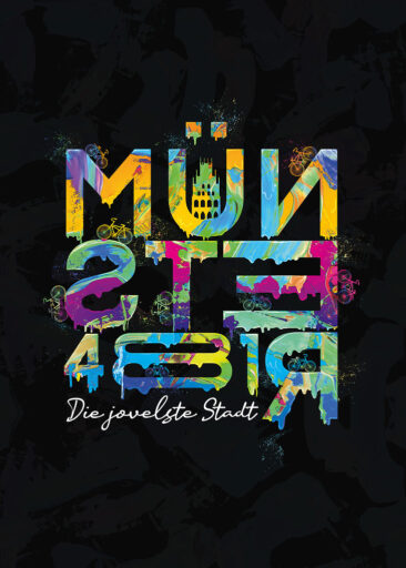 Farbenfrohe Münster Typografie im Urban-Art- und Graffiti Stil auf schwarzem Hintergrund.