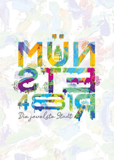 Farbenfrohe Münster Typografie im Urban-Art- und Graffiti Stil auf hellem Hintergrund.