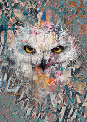 Silent Gaze – Urban Art Eule Poster im Graffiti Stil mit intensivem Blick, ausdrucksstarker Street-Art-Komposition und urbanen Texturen