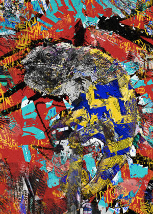 Urban Adaptation – Urban Art Chamäleon Poster im Graffiti Stil mit farbintensivem Chamäleon, dynamischem Street-Art-Hintergrund und urbanen Texturen