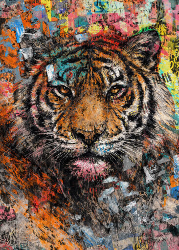 Ausdrucksstarkes Urban-Art-Tigermotiv im Graffiti Stil – Stärke, Fokus und rohe Energie.