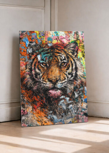 Ausdrucksstarkes Urban-Art-Tigermotiv im Graffiti Stil – Stärke, Fokus und rohe Energie.